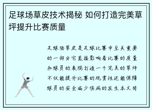 足球场草皮技术揭秘 如何打造完美草坪提升比赛质量